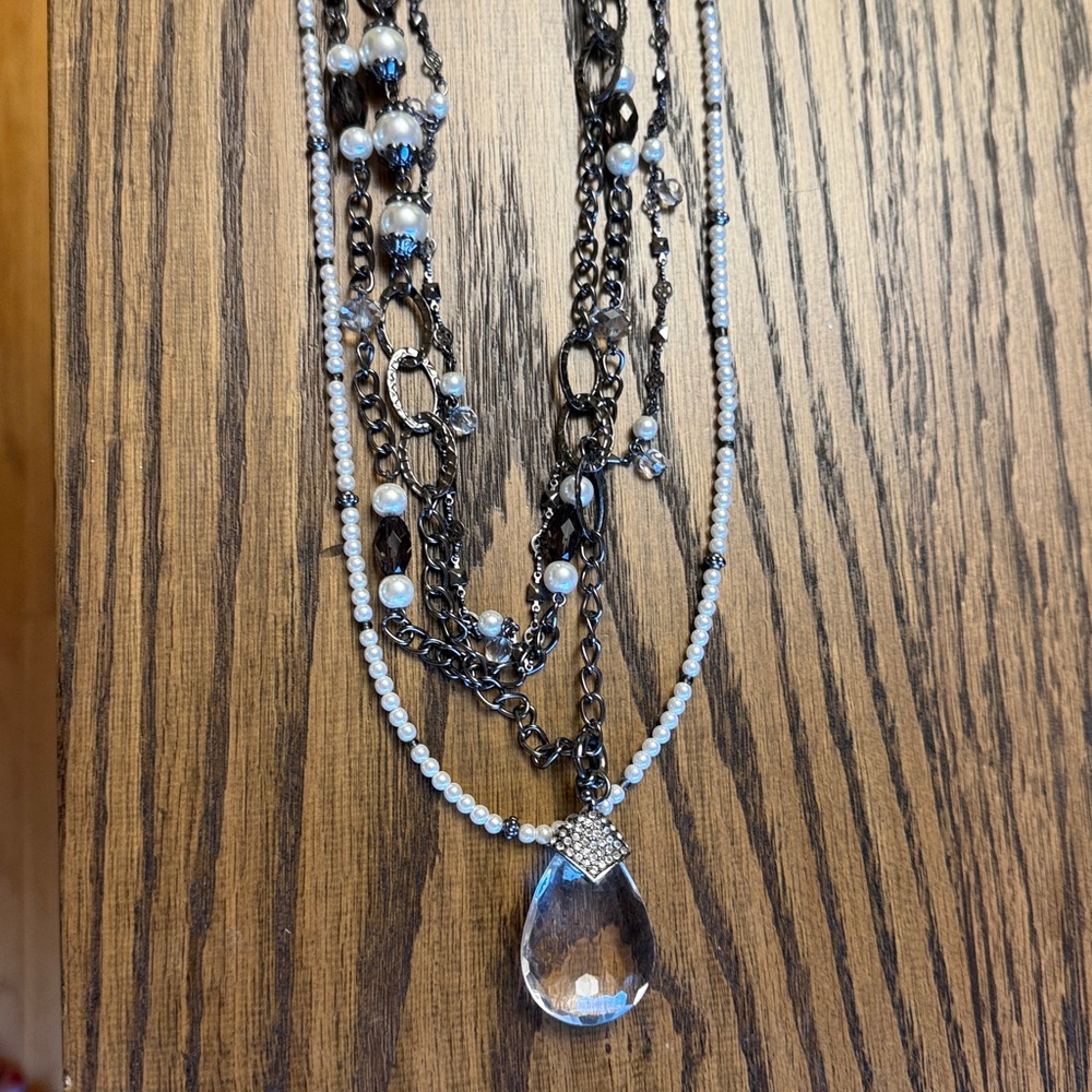 Premiere Designs Layered Black and White Pearl Necklace with Crystal Pendant